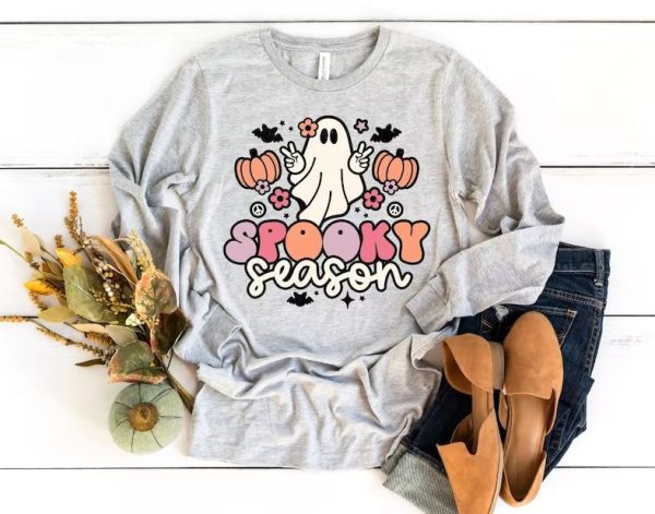 Spooky Season Long Sleeve Tee - Halloween Long Sleeve Shirt With Cute Ghost - Teacher Halloween Tee - Mom Halloween Shirt - Fall Long Sleeve